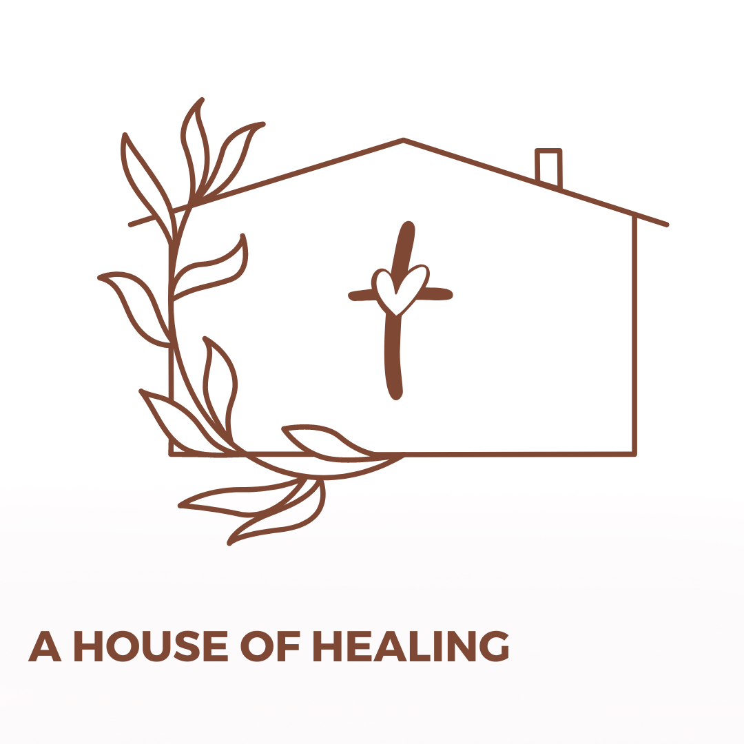 Line drawing of a house with palm leaves, a cross, and a heart.